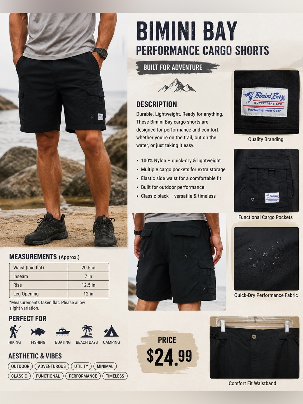 Men's Black Cargo Shorts with Flap Pockets